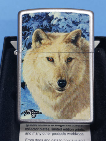 Zippo Linda Picken White Wolf Satin Chrome 24784