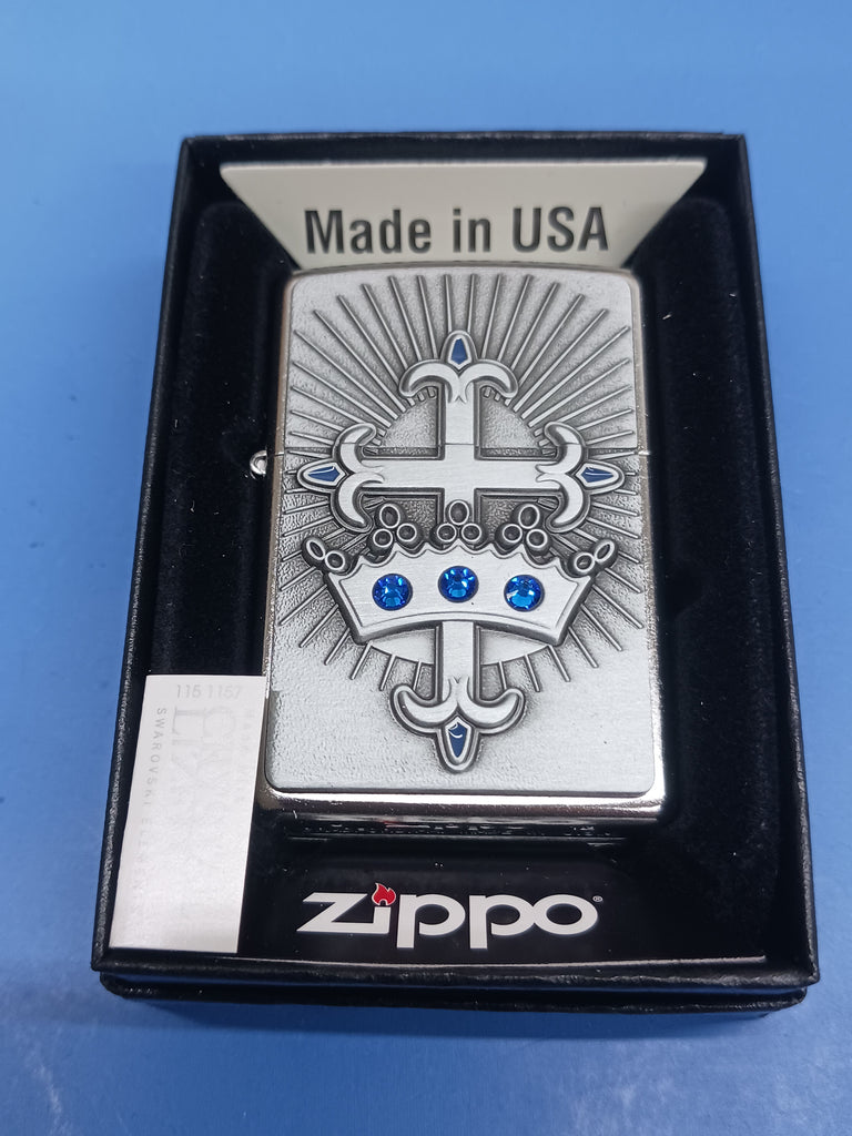 Zippo Street Chrome Crown & Cross Lighter Blue Crystal 24875