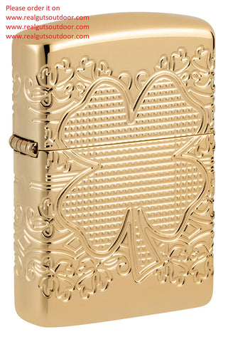 Zippo Armor Lucky Clover Design Multicut Textured High Polish Gold Plate 46301
