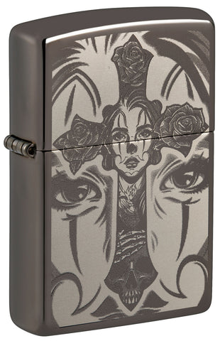 Zippo Day of The Dead Skull Cross Design Black Ice 48411
