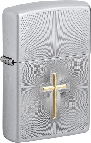 Zippo Auto Two Tone Cross Design Satin Chrome 48581