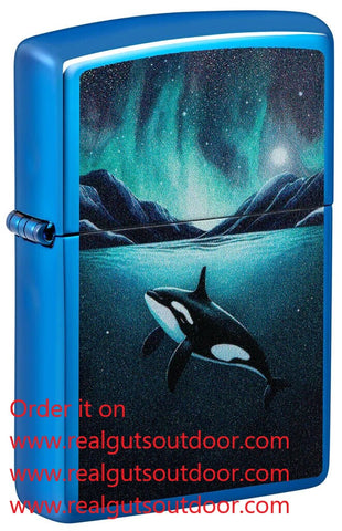 Zippo Aurora Orca Whale Design High Polish Blue 48984