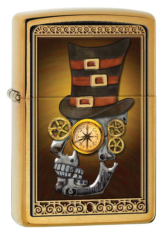 Zippo Brush Brass Industrial Machinery Skull w/ Top Hat Lighter 28320
