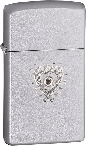 Zippo Slim Satin Chrome TR Heart Bling 28328