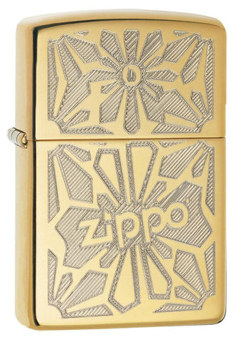 Zippo Logo in Floral Pattern High Polish Brass 28450