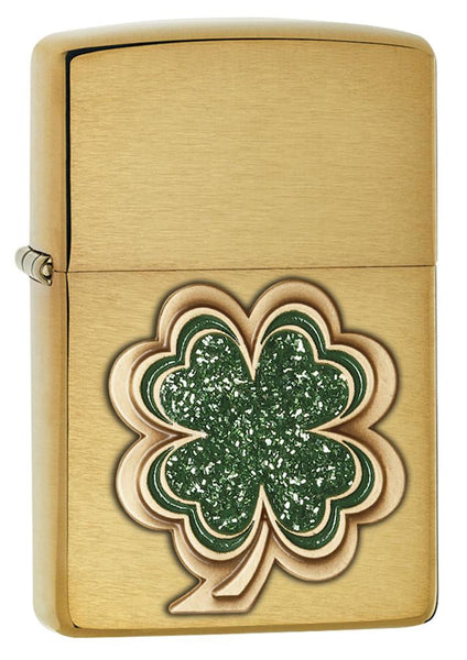Zippo Clover Emblem with Epoxy Inlay Brushed Brass 28806