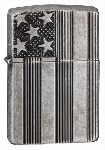 Zippo Armor American Flag Pocket Lighter, Antique Silver Plate 28974
