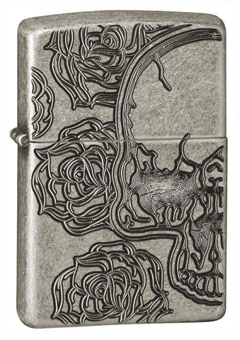 Zippo Skull Roses Armor Antique Silver Plate 28988