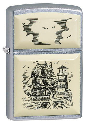 Zippo Scrimshaw Ship Embelm Street Chrome 29397