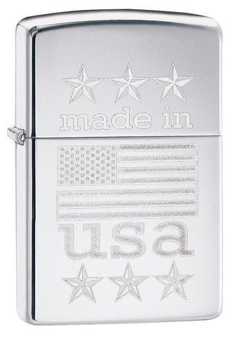 Zippo Made in USA with Flag High Polish Chrome 29430