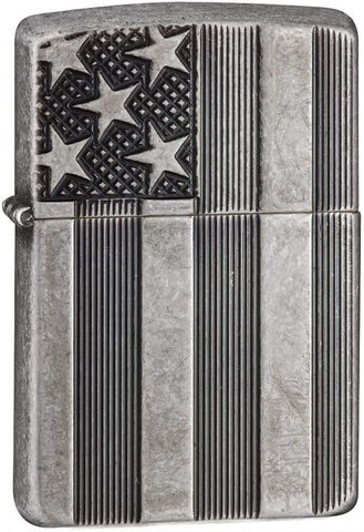 Zippo Armor American Flag Pocket Lighter, Antique Silver Plate