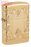 Zippo Armor Lucky Clover Design Multicut Textured High Polish Gold Plate 46301