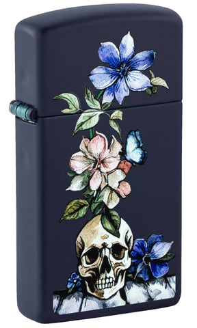 Zippo Bone Bouquet Grinning Skull Design Slim Navy Blue Matte 46813