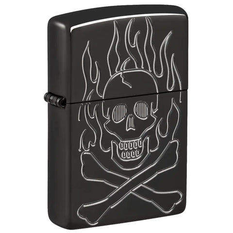 Zippo Flaming Skull Design Armor High Polish Black Textured Deep Carve 46930