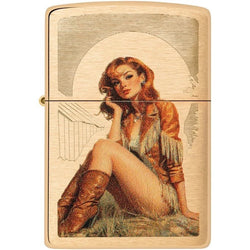Zippo Western Pinup cowgirl Design Brushed Brass Color Image 46962