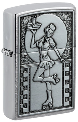 Zippo Roller Skating Waitress Emblem Brushed Chrome 48904