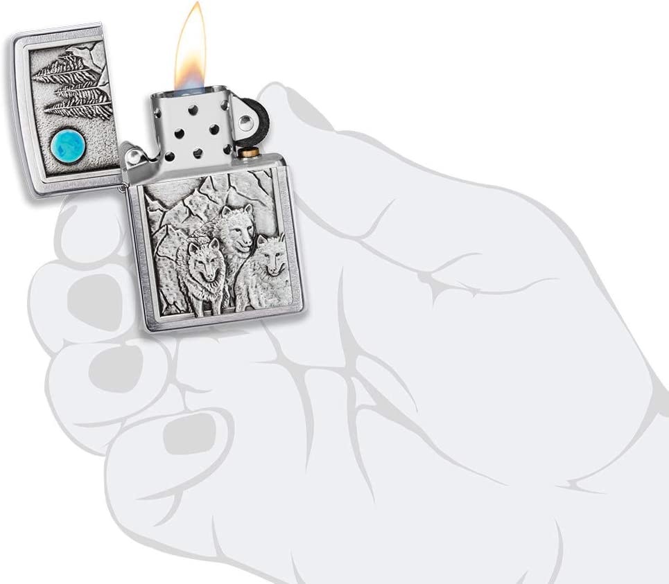 Guts Outside Zippo Wolf Pack and Moon Emblem Brushed Chrome 49295 – Real Guts Outdoor