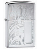 Zippo Scrolled Design V Panel High Polish Chrome Lighter 21138