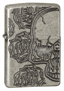 Zippo Skull Roses Armor Antique Silver Plate 28988
