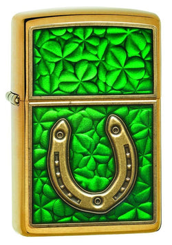 Zippo Horseshoe Clovers Brushed Brass Pocket Lighter 29243